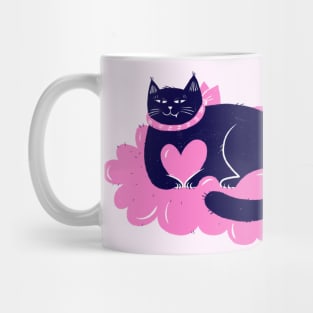 Arrogant blue cat sitting on pink cloud of hearts Mug